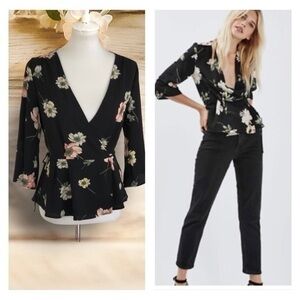 Sweet Wanderer Black floral wrap 3/4 length sleeve peplum top